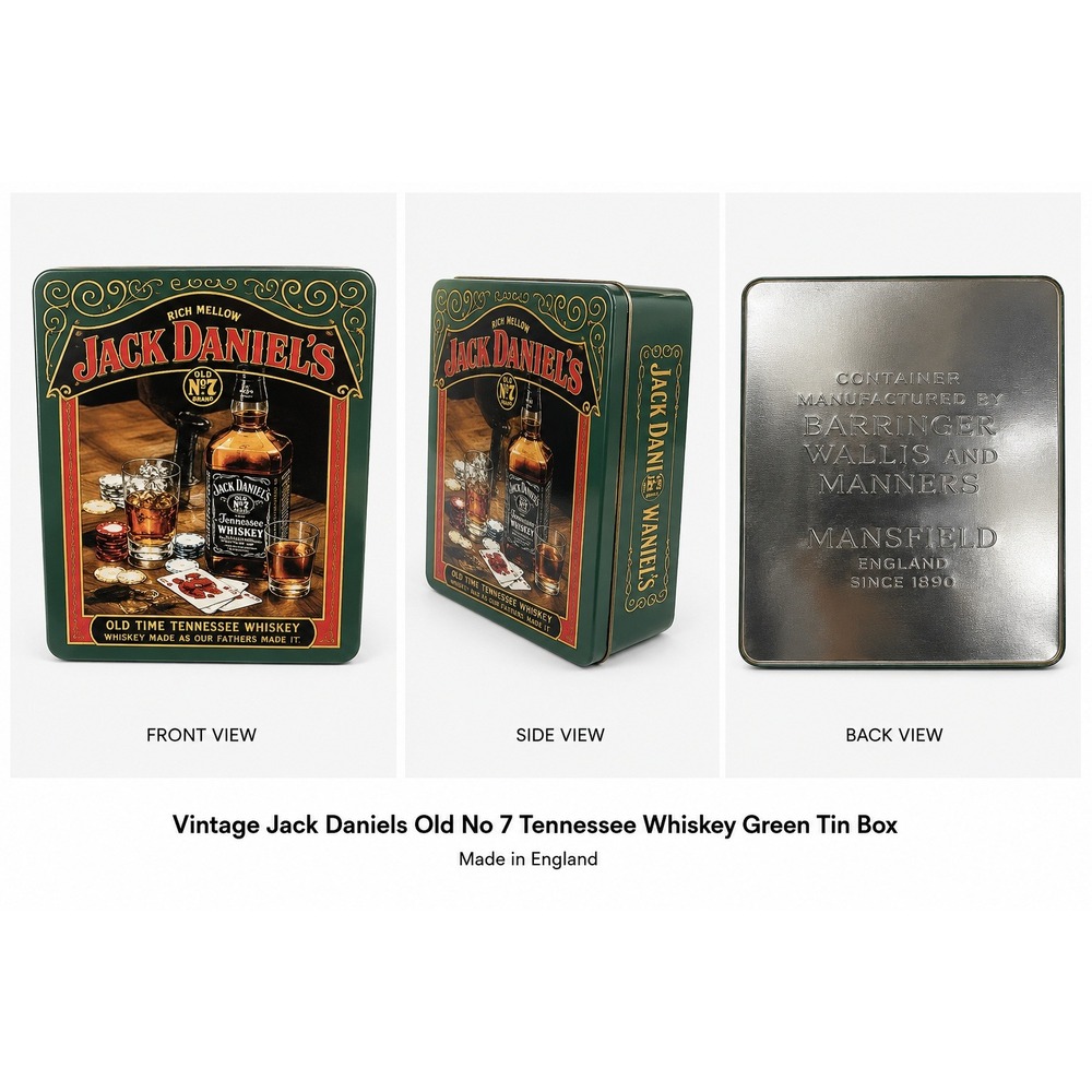 Vintage Jack Daniels Old No 7 Tennessee Whiskey Green Tin‎ Box Made in England